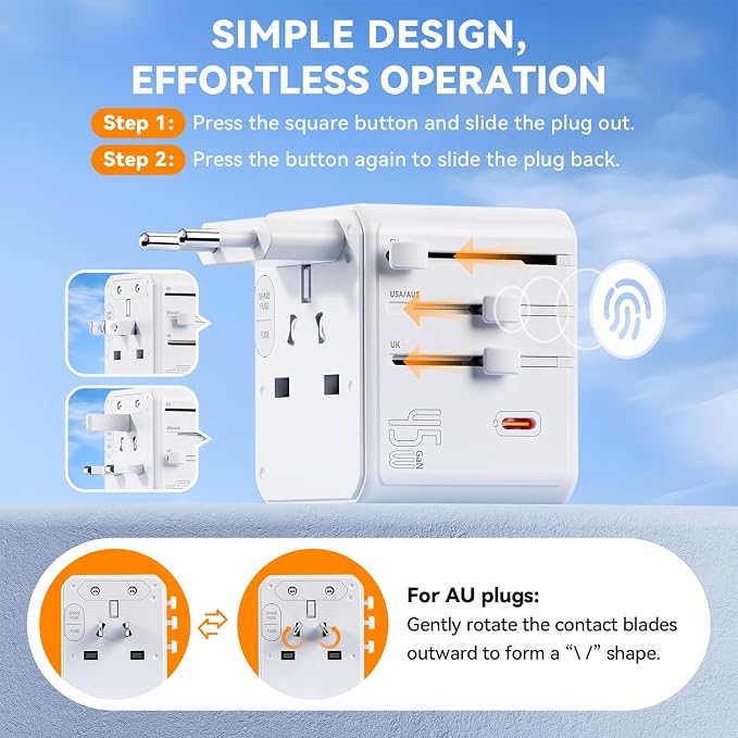 Auxmir Universal Travel Adapter, 45W PD Fast Charging Travel Plug Adapter with 2 USB-A and 3 USB-C Ports，International Adapter for EU, USA, UK, Asia, Worldwide Use, White