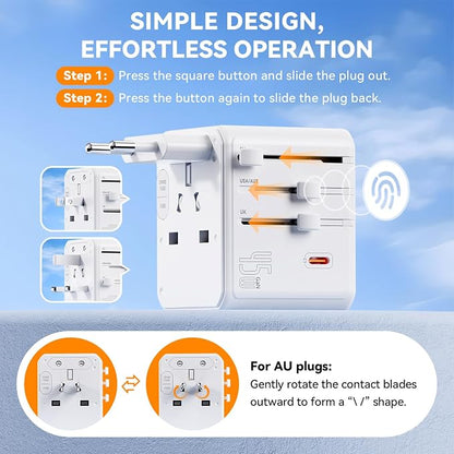 Auxmir Universal Travel Adapter, 45W PD Fast Charging Travel Plug Adapter with 2 USB-A and 3 USB-C Ports，International Adapter for EU, USA, UK, Asia, Worldwide Use, White