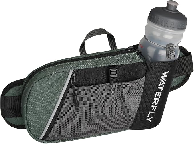 WATERFLY Fanny Pack Waist Bag: Hiking Water Bottle Holder with Strap Waist Pack for Women Men Hydration Hip Packs for Running Walking Traveling-Black & Gray