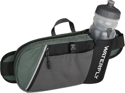 WATERFLY Fanny Pack Waist Bag: Hiking Water Bottle Holder with Strap Waist Pack for Women Men Hydration Hip Packs for Running Walking Traveling-Black & Gray