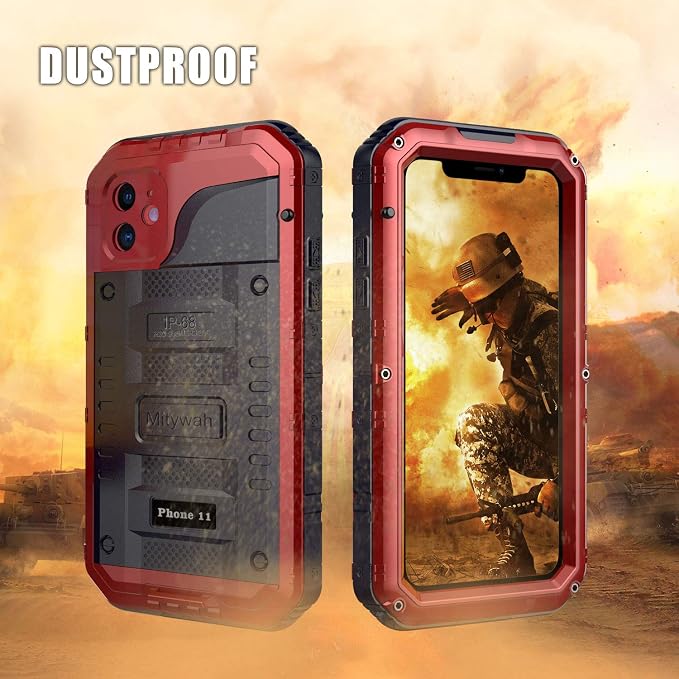 Mitywah Waterproof Case for iPhone 11, Heavy Duty Military Grade Armor Metal Case, Full Body Protective Shockproof Dustproof Strong Rugged Thick Case for iPhone 11, Red