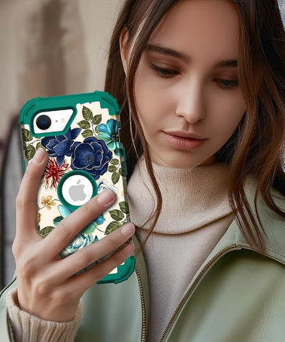 Hocase for iPhone 17e/iPhone 16e Case, Heavy Duty Shockproof Protection Hard Plastic+Silicone Rubber Hybrid Protective Phone Case for iPhone 17e/16e 6.1" - Teal Flowers