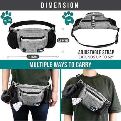PetAmi Dog Fanny Pack, Treat Pouch for Dog Walking, Training, Built in Poop Bag Dispenser, Water Bottle Holder, Collapsible Bowl, Pet Treat Waist Belt for Hiking, Running, Kibbles (Grey)