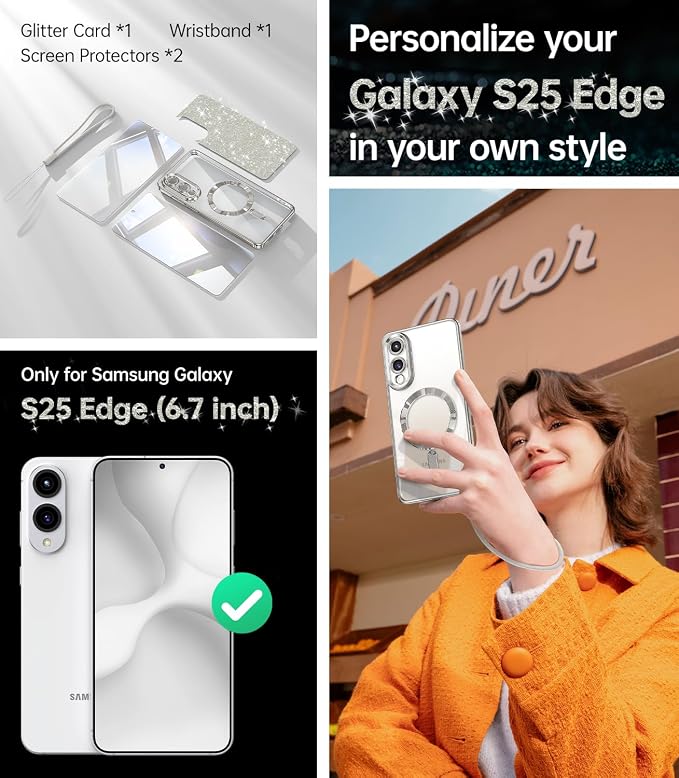 Meifigno Designed for Samsung Galaxy S25 Edge Case, [Compatible with MagSafe] [2X Screen Protectors] [Glitter Card & Wrist Strap] Surround Raised Lens Protection Slim Case for S25 Edge 6.7", Silver