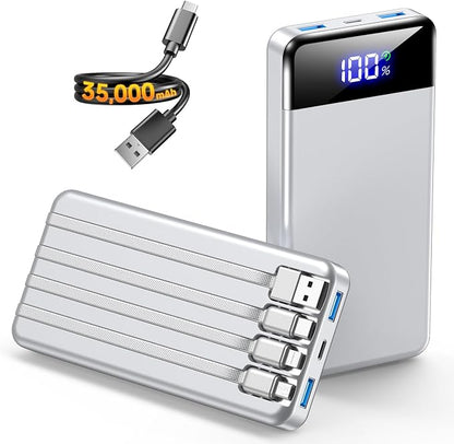 Portable Charger 35000mAh Power Bank - Powerbank with 4 Built in Cables, 22.5W Fast Charging Travel Camping Essential Battery Pack Compatible with iPhone 17 16 15 14 13 Samsung Google, 1 Pack, Silver