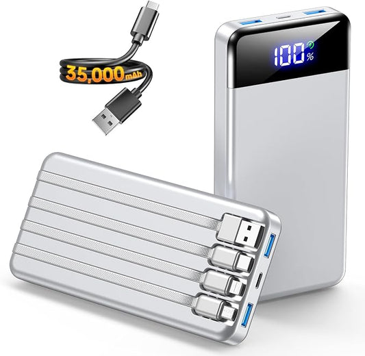 Portable Charger 35000mAh Power Bank - Powerbank with 4 Built in Cables, 22.5W Fast Charging Travel Camping Essential Battery Pack Compatible with iPhone 17 16 15 14 13 Samsung Google, 1 Pack, Silver