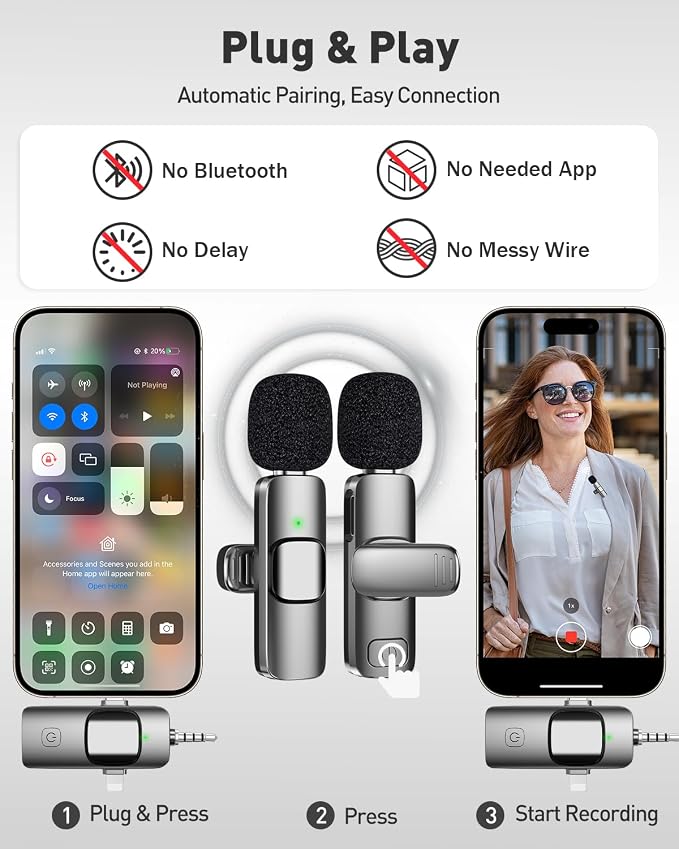 PoP voice 3 in 1 Wireless Mini Microphone for iPhone Android Camera iPad, Lavalier Microphone with Noise Reduction, Lapel Lav Mic with Noise Reduction for Video Recording Vlog YouTube TikTok