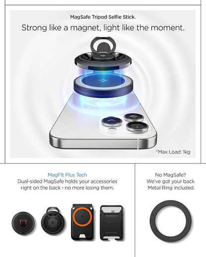 Spigen Selfie Stick Automatic Tripod Stand with Bluetooth Remote Control Shutter 57" Extendable Compatible with MagSafe iPhone 17/16/15/14/13/12 Pixelsnap Pixel 10 Series & More - Black (S581W)