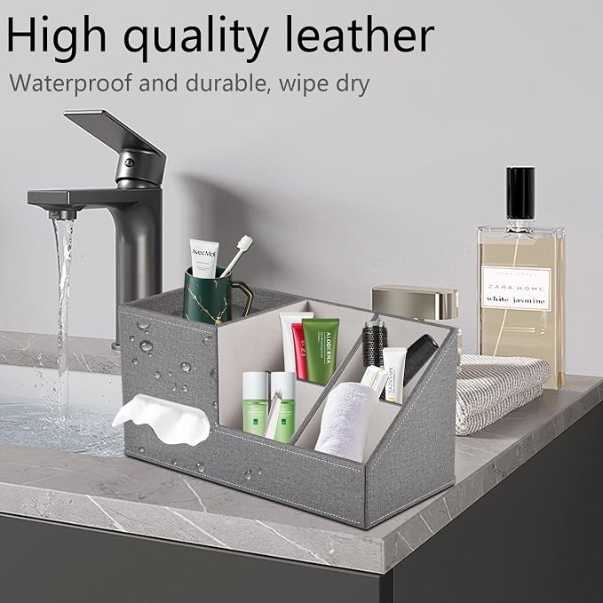 Plus Size Tissue Box Cover-Square Linen Tissue Cover with Side Storage and Tray,Modern Makeup Organizer,Leather Tissue Holder Decorative Cube Organizer for Living Room Vanity NightStand Office,Grey