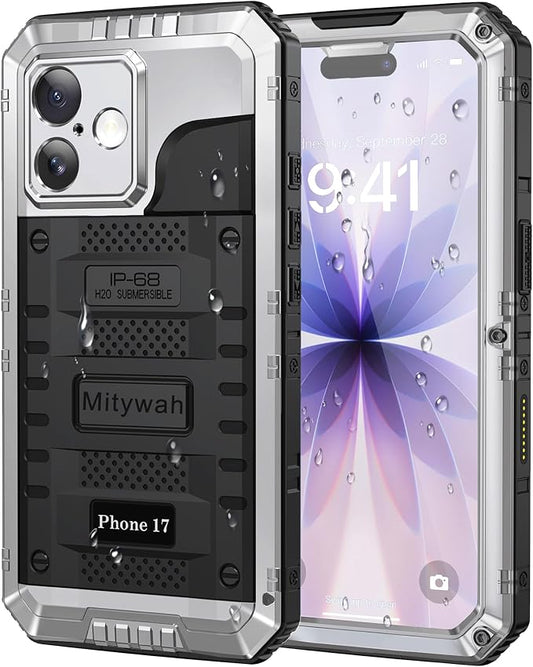 Mitywah Waterproof Case for iPhone 17, Rugged Metal Case with Built-in Screen Protector, Heavy Duty Full Body Shockproof Protective Cover 6.3 inch, Silver