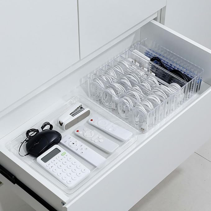 Large Cord Storage Box with Lid, Plastic Stackable Desk Drawer Organizer for Home Office Supplies, Phone Charger, USB Cable, Battery, Stationery, Art Crafts, Makeup, Pencil Holder