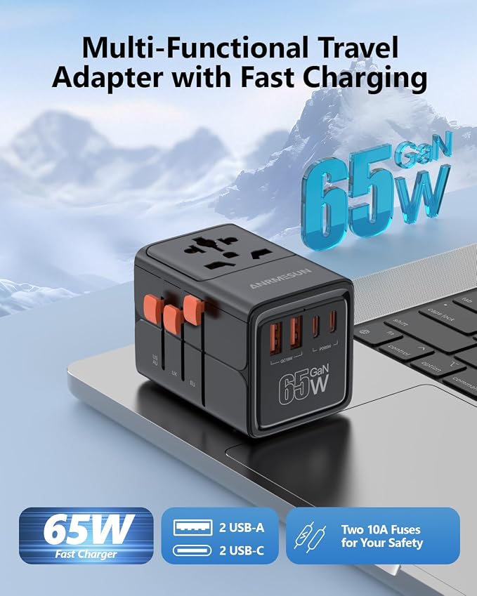 Universal Travel Adapter, International Power Adapter with 2 USB C (GaN 65W) 2 USB A Ports, All in One Worldwide Plug Adapter, Travel Essentials for USA to Europe UK Germany Italy Australia, Black