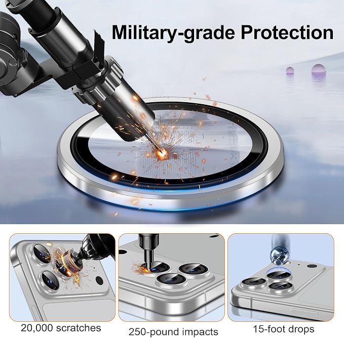 QHOHQ 2 Set Camera Lens Protector for iPhone 17 Pro Max/17 Pro/16 Pro Max/16 Pro/15 Pro Max/15 Pro, Individual Anti Shatter Lens Protector,[15FT Military Grade Protection],1-Second Auto-Install- Silver