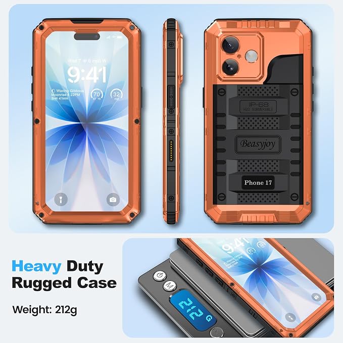 Beasyjoy for iPhone 17 Case Waterproof, Heavy Duty Metal Full Body Protection, Built-in Screen Protector, Military Grade Shockproof Dustproof Rugged Cover for iPhone 17 6.3 inch, Orange