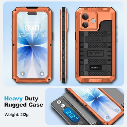 Beasyjoy for iPhone 17 Case Waterproof, Heavy Duty Metal Full Body Protection, Built-in Screen Protector, Military Grade Shockproof Dustproof Rugged Cover for iPhone 17 6.3 inch, Orange