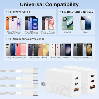 65W Super Fast Charger USB C for iPhone 17 16 15 Pro Max,2Pack 100W [65W Max] 3-Port USB C Wall Charger Block & 3/6/10/10FT Braided Type C Cord for iPhone 17,MacBook iPad for Samsung Galaxy S26 Ultra
