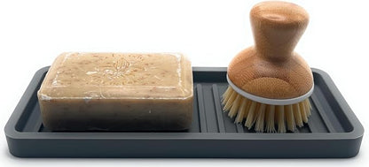 Happitasa Silicone Kitchen Sink Organizer Tray, Sponge Holder and Countertop Protector | Bathroom and Kitchen Soap Dish and Dispenser Tray (Grey, 9"x3.5", 5.6 Ounces)