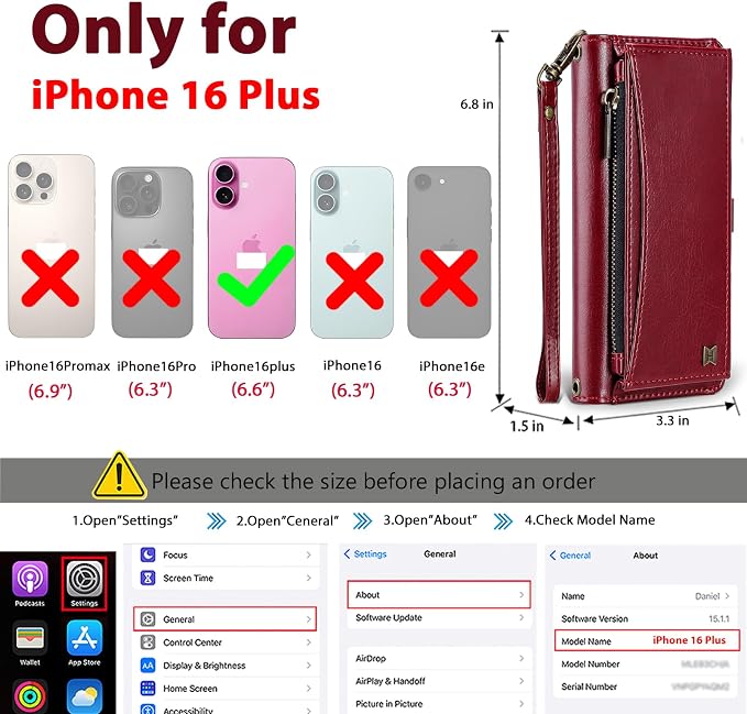 Wallet Case for iPhone 16 Plus with Card Holder/Crossbody Wallet/Strap| RFID Blocking | Magnetic | Kickstand | Detachable | PU Leather Phone Case for iPhone 16 Plus,6.7 in,Wine Red