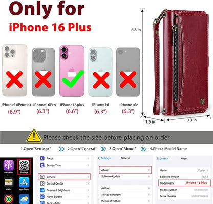 Wallet Case for iPhone 16 Plus with Card Holder/Crossbody Wallet/Strap| RFID Blocking | Magnetic | Kickstand | Detachable | PU Leather Phone Case for iPhone 16 Plus,6.7 in,Wine Red