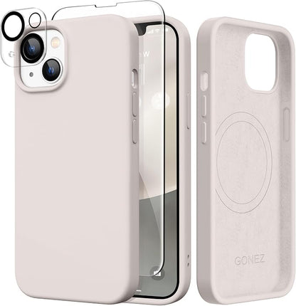 GONEZ Magnetic for iPhone 14 Case, Compatible with Magsafe, with Screen Protector + Camera Protector, Anti-Scratch Microfiber Lining, Liquid Silicone Shockproof Protective Phone Case, Stone