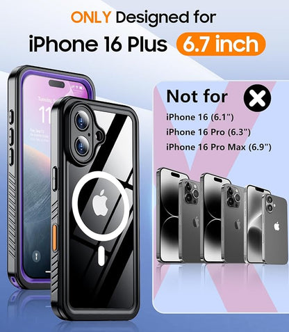Temdan Magnetic for iPhone 16 Plus Case Waterproof,Built-in Screen Protector[IP68 Underwater][Upgrade Military Dropproof][Compatible with MagSafe] Full Body Shockproof Translucent Case 6.7''-Purple