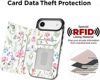 uCOLOR for iPhone 17 Air Wallet Case with Card Holder PU Leather RFID Blocking Design iPhone Air flip case for Women Men Magnetic Clasp Kickstand Design 6.5 inch (Pink Flowers)