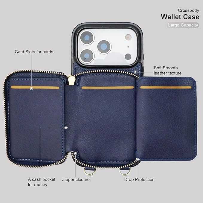 Bocasal Crossbody Wallet Case for iPhone 17 Pro, RFID Blocking PU Leather Zipper Handbag Purse Flip Cover, Kickstand Folio Case with Card Slots Holder Wrist Strap Lanyard 5G 6.3 Inch (Dark Blue)