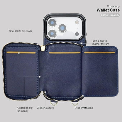 Bocasal Crossbody Wallet Case for iPhone 17 Pro, RFID Blocking PU Leather Zipper Handbag Purse Flip Cover, Kickstand Folio Case with Card Slots Holder Wrist Strap Lanyard 5G 6.3 Inch (Dark Blue)