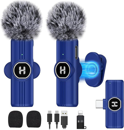 USB C Mini Wireless Lavalier Microphone for iPhone 15 16, iOS and Android Devices - Noise Reduction Lapel Mic for Recording, Clip Omni Lav Mic for Video Recording, Tiktok, Youtube, Vlog (Blue)