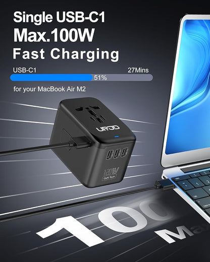 Universal Travel Adapter 120W GaN Fast Charger for Europe UK US | 5 USB C/A Ports & 2500W AC Outlet, Compatible for MacBook iPhone iPads Laptop, International Power Adapter for 200+ Countries