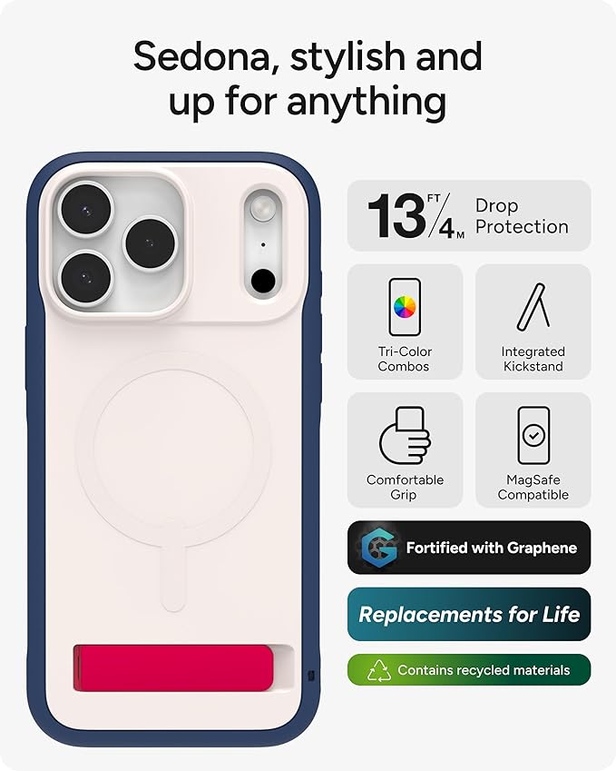 ZAGG Sedona Snap Case with Kickstand for iPhone 17 Pro Max - Red Light & Blue, Drop Protection (13ft/4m), Multi-Layer Protection, with Camera Button, MagSafe Phone Case with Impact-Absorbing Bumpers