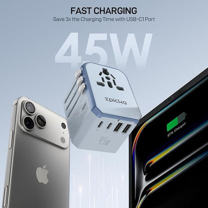 EPICKA Universal Travel Adapter GaN 45W, European Travel Plug Adapter with PD&QC Fast Charging(2 USB-A & 3 USB-C Ports) - Worldwide Travel Essentials, International Power Adapter for UK/US/AU (Blue)