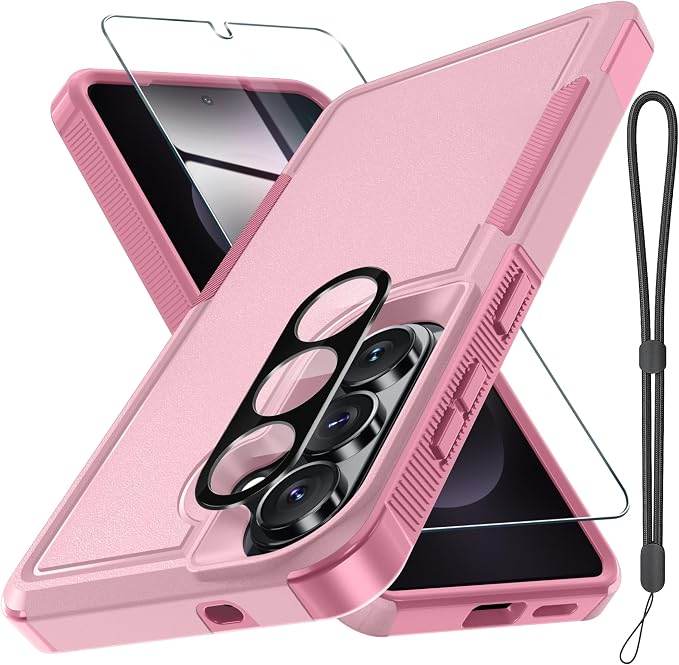 for Samsung Galaxy S26 Case with Screen Protector+Camera Lens Cover,Military Grade Heavy Duty Shockproof Phone Cover with Wrist Lanyard Strap for Samsung S26,Cute Pink