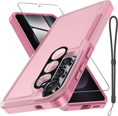 for Samsung Galaxy S26+ Plus Case with Screen Protector+Camera Lens Cover,Military Grade Heavy Duty Shockproof Phone Cover with Wrist Lanyard Strap for Samsung S26Plus,Cute Pink