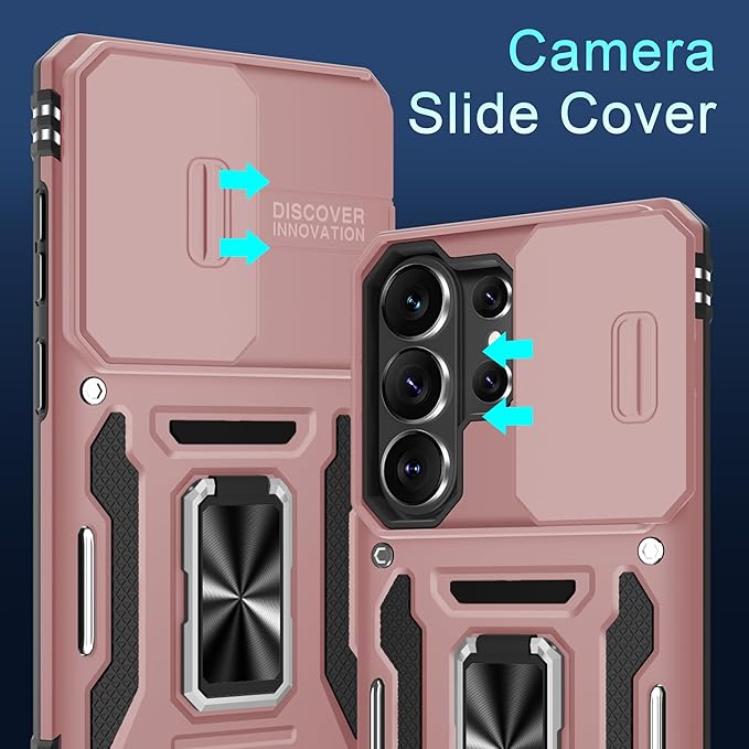 DEERLAMN Case for Samsung Galaxy S26 Ultra 6.9-Inch with Slide Camera Cover+Screen Protector(1 Pack), Rotated Ring Kickstand Military Grade Shockproof Protective Cover-Rose Gold