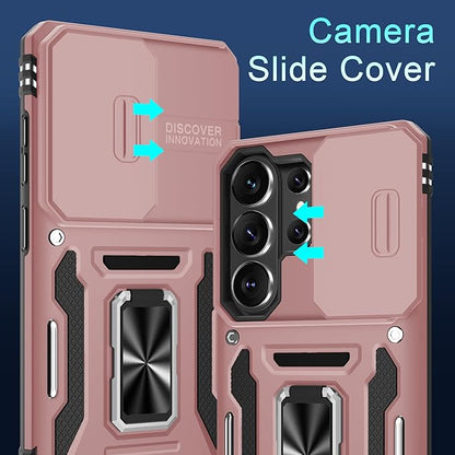 DEERLAMN Case for Samsung Galaxy S26 Ultra 6.9-Inch with Slide Camera Cover+Screen Protector(1 Pack), Rotated Ring Kickstand Military Grade Shockproof Protective Cover-Rose Gold