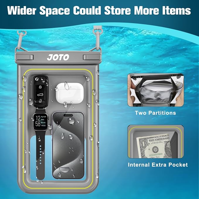 JOTO [IP68 Floatable Large Floating Waterproof Phone Pouch Up to 10", Underwater Phone Case Cellphone Dry Bag for iPhone 17 16 15 14 13 12 11 Pro Max Xs Max XR X 8 7 Plus SE/Galaxy S24 S23 S22 -Grey