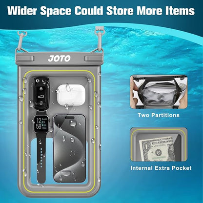 JOTO [IP68 Floatable Large Floating Waterproof Phone Pouch Up to 10", Underwater Phone Case Cellphone Dry Bag for iPhone 17 16 15 14 13 12 11 Pro Max Xs Max XR X 8 7 Plus SE/Galaxy S24 S23 S22 -Grey
