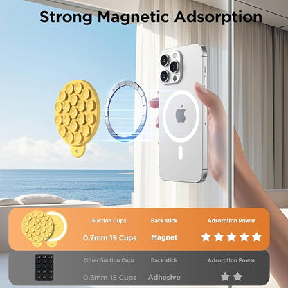 Magnetic Suction Cup Phone Mount, Compatible with MagSafe, Silicone Octo Cup Buddy Sticky Grip Holder for iPhone and Android, Removable Hands-Free Phone Stand Selfie/Video for TikTok, Yellow