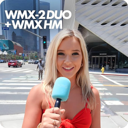 Movo WMX-2-DUO Dual Microphone Compact Wireless System with Handheld Extension Mounts - Mini Wireless Lavalier Microphones for Cameras with Mic Handles for Reporting, Interviews and More