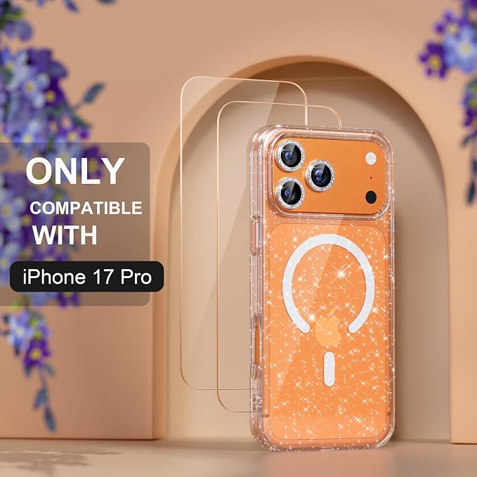 Choiche Magnetic for iPhone 17 Pro Case Compatible with MagSafe, Women Cute Glitter Sparkly Phone Case with Diamond Camera Lens Protectors, Military-Grade Drop Protection 6.3" (Clear)