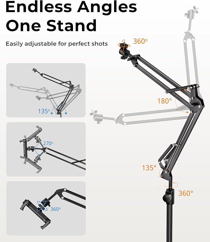 UBeesize Overhead Camera Mount with 360° Adjustable Arm & Phone Holder for TikTok Live Streaming Photography Studio Content Creation, Desk Mount for DSLR Cameras/Webcam/iPhone/Ring Light/Microphone