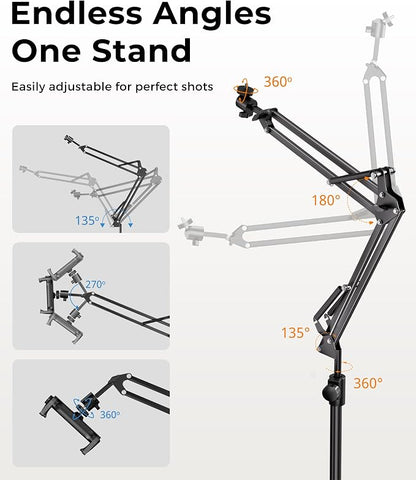 UBeesize Overhead Camera Mount with 360° Adjustable Arm & Phone Holder for TikTok Live Streaming Photography Studio Content Creation, Desk Mount for DSLR Cameras/Webcam/iPhone/Ring Light/Microphone