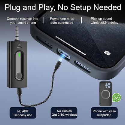 2-Pack Wireless Mini Lavalier Lapel Microphone for iPhone,Android Device(4 in 1) - 65ft Cordless Clip on Dual Mics with Noise Reduction 6H Working Time for Video Recording Vlogging, YouTube, Interview