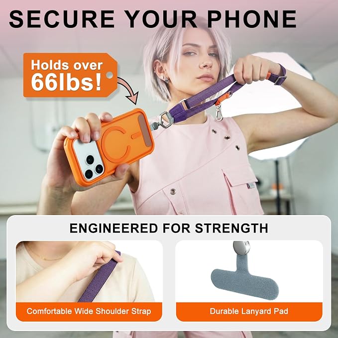 Phone Lanyard Crossbody with 2 Phone Tabs, Adjustable Anti Theft Phone Strap for iPhone & Android, Universal Skin-Friendly Cell Phone Neck Lanyard for Travel Hiking Cycling Shopping (Purple)