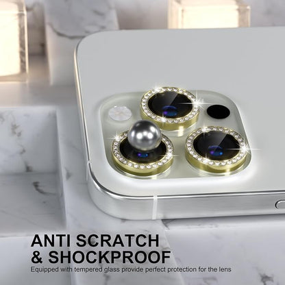Choiche Compatible for iPhone 16 Pro/iPhone 16 Pro Max Camera Lens Protector Bling, 9H Tempered Glass Camera Cover Screen Protector Metal Ring Decoration Accessories (Diamond-Gold)