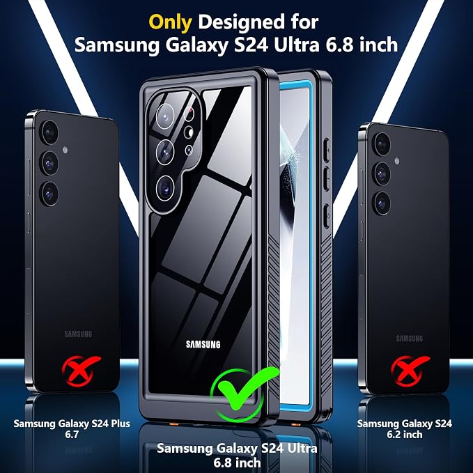 SPIDERCASE Upgraded for Samsung Galaxy S24 Ultra Case Waterproof,Built-in Screen & Camera Lens Protector[IP68 Underwater] [Military Grade Shockproof] Full Body Protection Phone Case,Blue/Clear