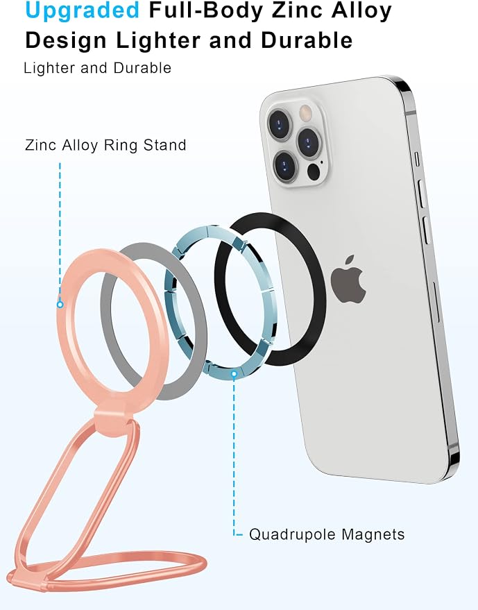 【2025 Upgraded】 Mag Safe Phone Ring Holder, SUPERONE Adjustable Magnetic Kickstand & Removable Phone Grip Compatible with Wireless Charging Only for iPhone 17 & 16 & 15 & 14 & 13 Series - Rose Gold