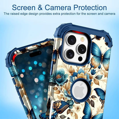 Hocase for iPhone 16 Pro Case 6.3", Heavy Duty Shockproof Protection Soft Silicone Rubber+Hard Plastic Bumpers Hybrid Protective Case for iPhone 16 Pro 2024 - Blue Butterflies