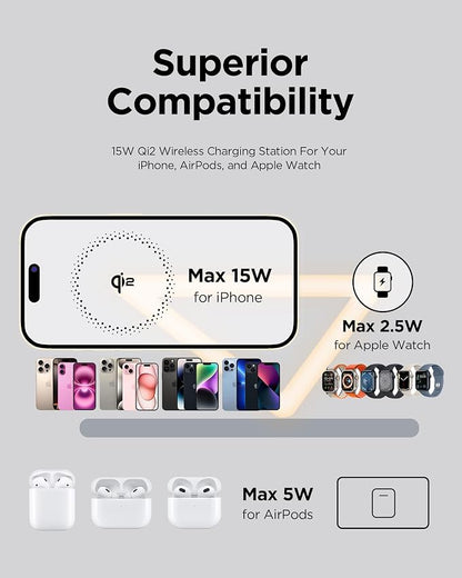 PISEN Mag-Safe Wireless Charger Stand - 3-in-1 Wireless Charging Station, Qi2 Certified 15W Mag-Safe Wireless Charger Stand with Night Light for iPhone 17/16/15/14/13/12 Series, Apple Watch, AirPods